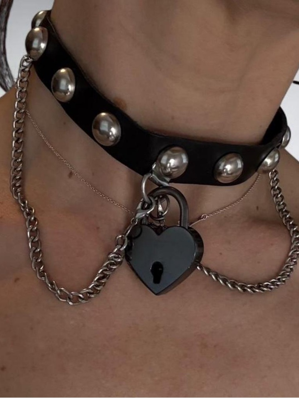 Black Studded Heart Padlock Choker Necklace